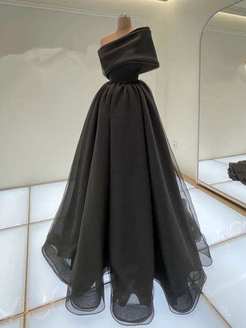 Robe de soirée longue noire asymétrique, coupe trapèze, DP2819