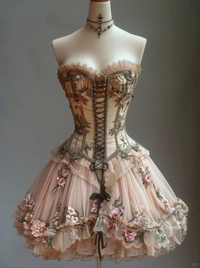 Retro Strapless Floral Design Lolita Princess Dress A-line Beaded Chiffon Party Dress Homecoming Dress DP6096