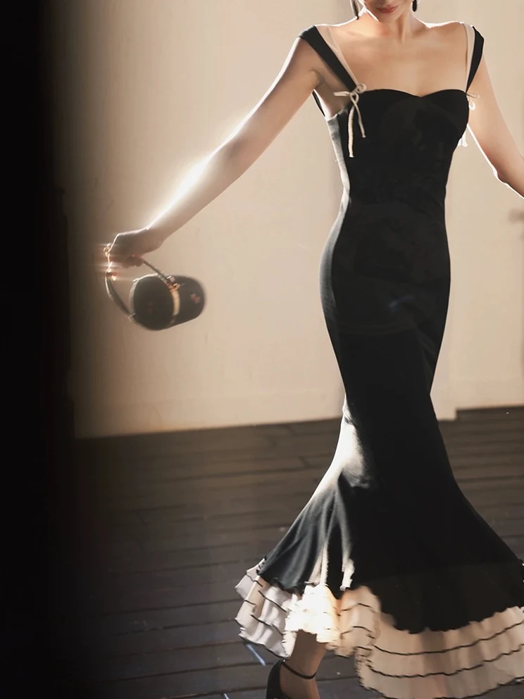 Charming Black Straps Mermaid Elegant Long Evening Party Dress, DP1989