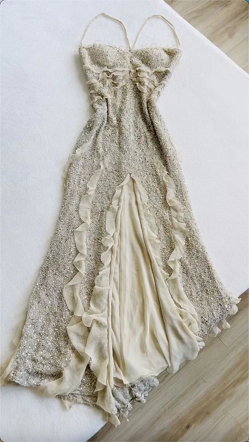 Robe de soirée longue et brillante à bretelles vintage et volants, DP2513