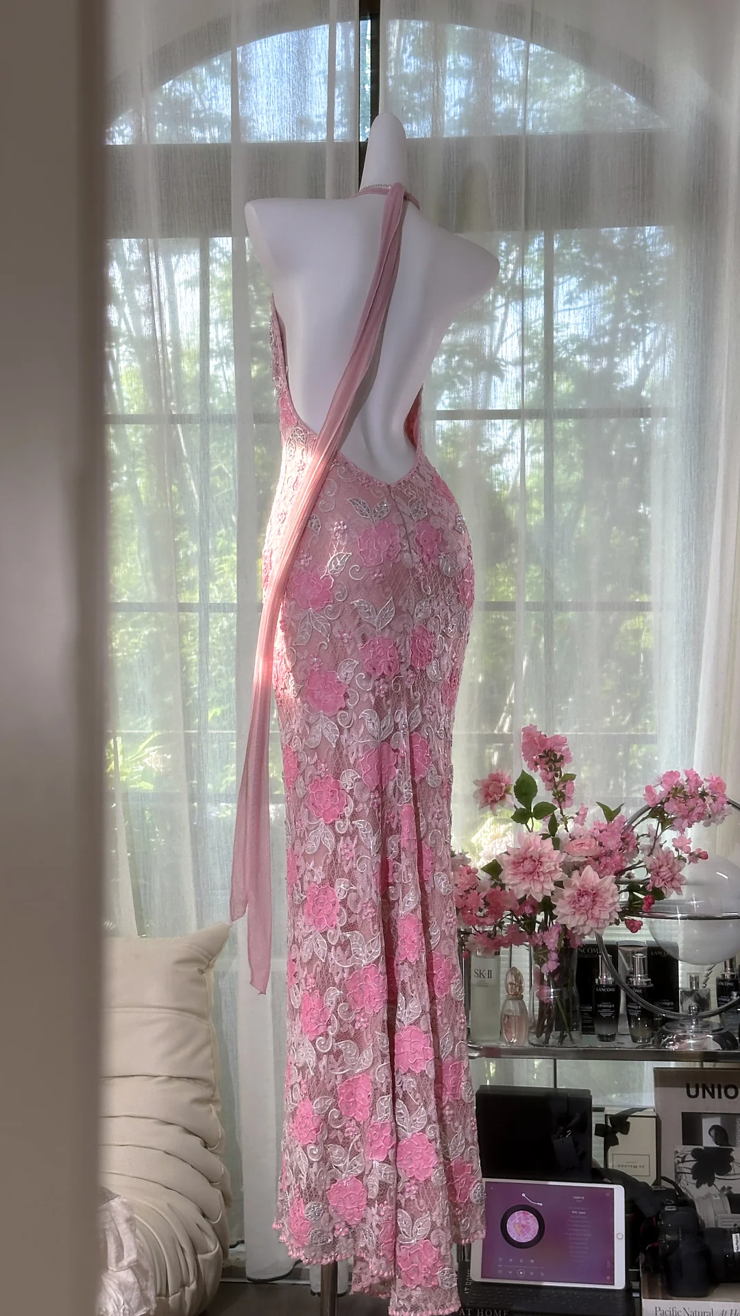 Vintage Pink Lace Applique V-neck Mermaid Prom Dress Evening Dress DP6359