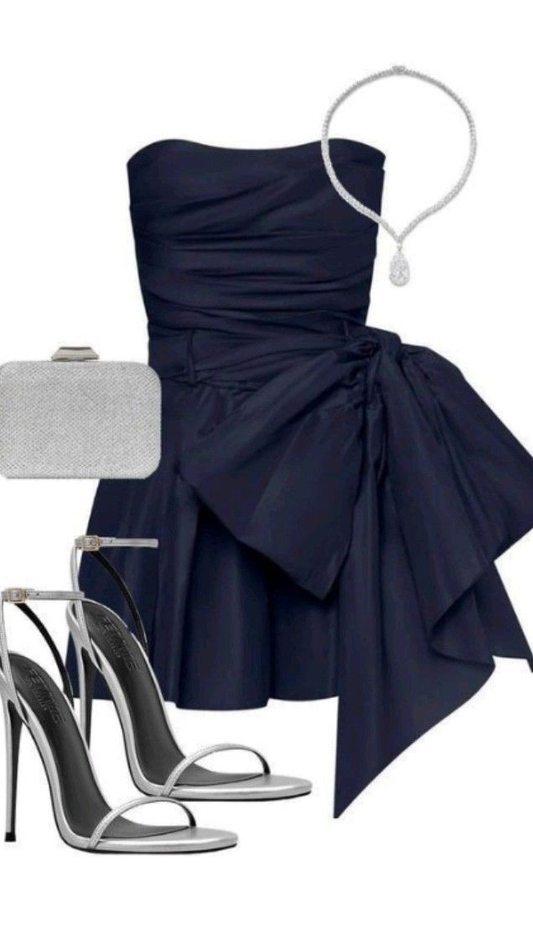Vintage Navy Blue Strapless Bowkont Short Party Dress Homecoming Dress DP2746