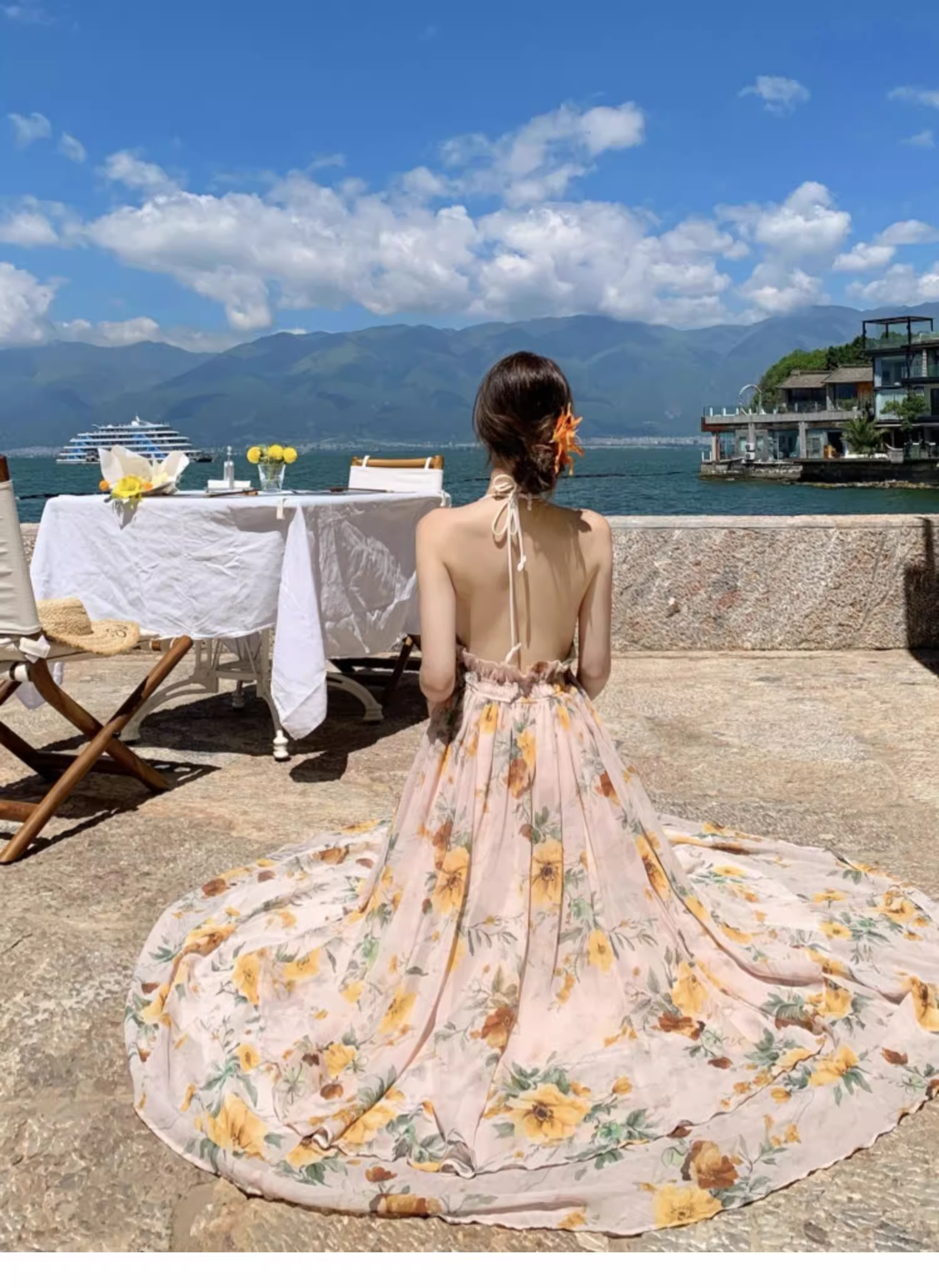 Robe trapèze sans manches à col en V et motif floral, élégante, idéale pour les vacances à la plage, DP6257
