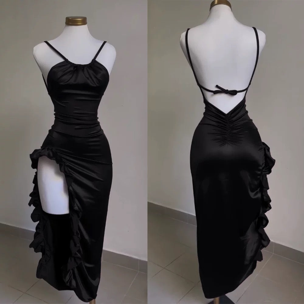 Vintage Backless Ruffle Asymmetrical Midi Length Party Dress, DP2563