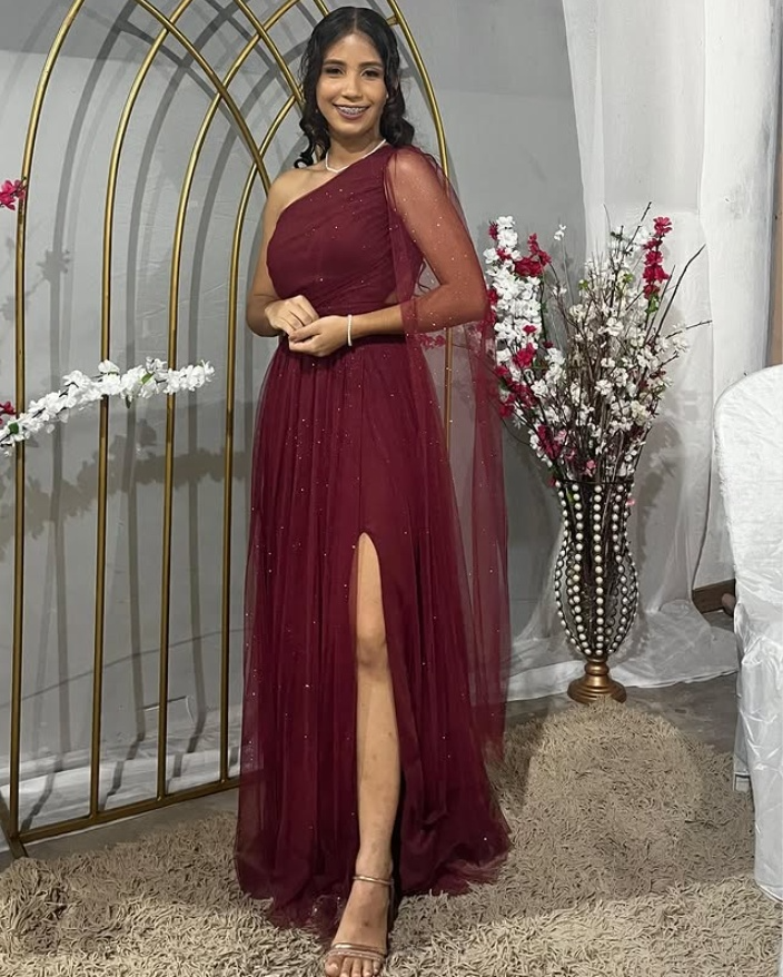 Robe de soirée longue en tulle rouge rouille, asymétrique, coupe trapèze, DP3316