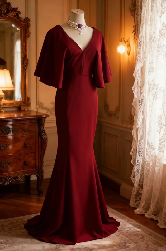 Glamorous Burgundy Mermaid Evening Gown Cape Sleeves V-Neck Formal Prom Dress DP7661