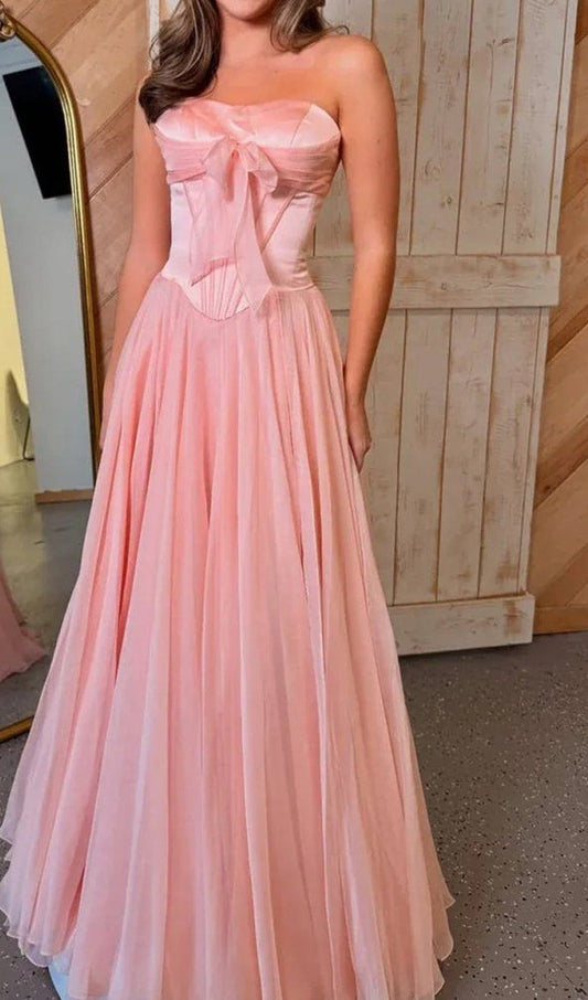 Vintage Pink Trägerloses Korsett aus Chiffon A-Linie Abendkleid DP8450