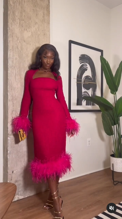 Hot Pink Long Sleeves Midi Length Black Girl Party Dress with Feather,DP1186