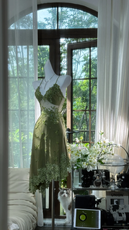 Retro Green Sequin Spaghetti Strap Romantic Sparkling Chiffon Evening Dress Prom Dresses DP6009