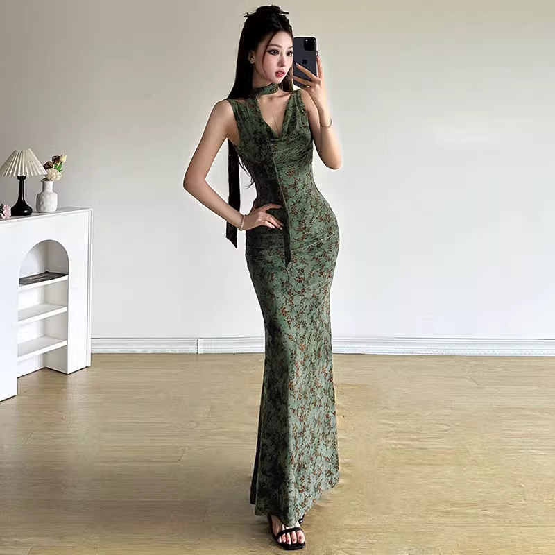 Vintage Green Floral V-neck Mermaid Summer Dresses Prom Dress Evening Dress DP6344
