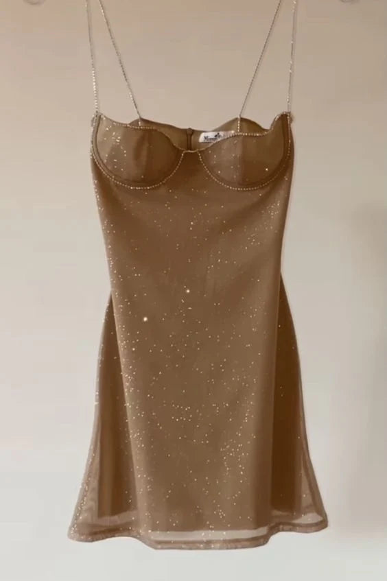 Cute Khaki Sequin Spaghetti Strap Sheath Short Party Dress Cocktail Dress Homecoming Dress DP6436
