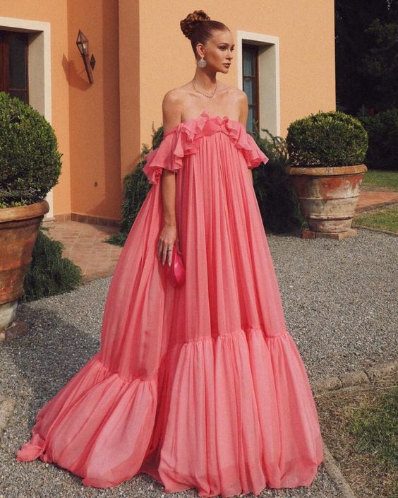 Vintage Pink Off-the-shoulder Prom Dress Long Pleated Evening Dress Formal Dress, DP6592