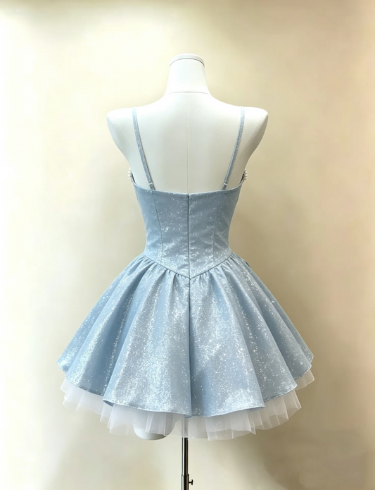 Elegant Light Blue Glitter Spaghetti Strap Beaded Sweetheart Bow A-Line Homecoming Dress DP8722