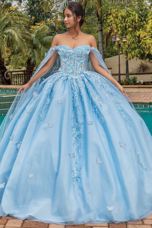 Robe de bal élégante bleu clair à épaules dénudées et décolleté en cœur orné d'appliqués DP7239