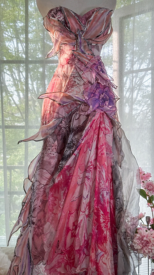 Vintage Floral Sweetheart Strapless Design A-line Romantic Chiffon Evening Dress Prom Dress DP6024