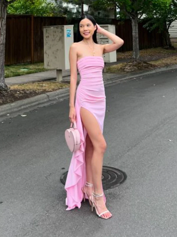 Pink Strapless Lovely Ruffle Party Dress with Split, DP2772