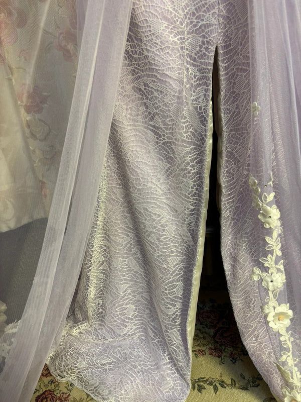 Vintage Lilac Strapless Mermaid Evening Gown Floral Lace Applique Tulle Slit Prom Dress DP7574