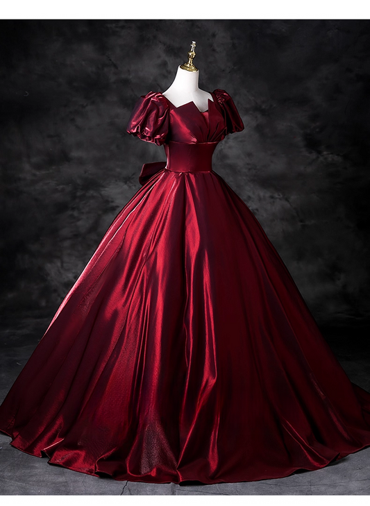 Elegant Burgundy Satin Sweet 16 Quinceanera A-Line Puffy Short-sleeved Evening Dress Floor Length Ball Gown DP6927