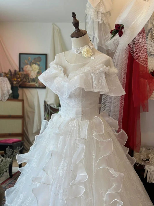 Romantic Off-the-Shoulder Ruffle Lace A-Line Wedding Dress DP8615