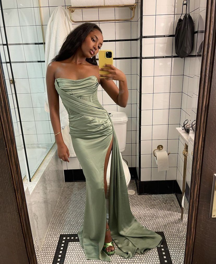 Sage Green Strapless Sheath Satin Long Formal Party Dress, DP4015