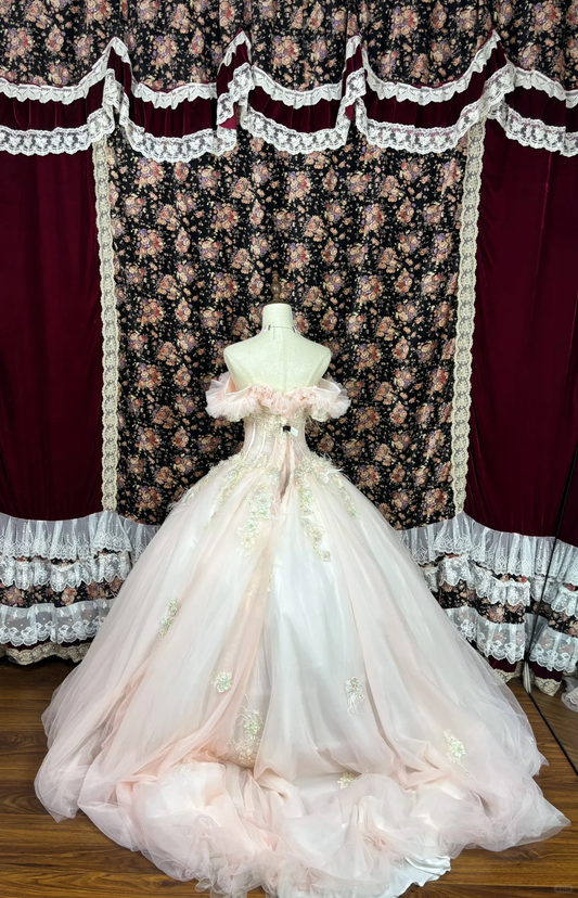 Vintage Pink Sweetheart Off-the-shoulder Tulle Beaded Quinceanera Evening Dress Ball Gown,DP6269