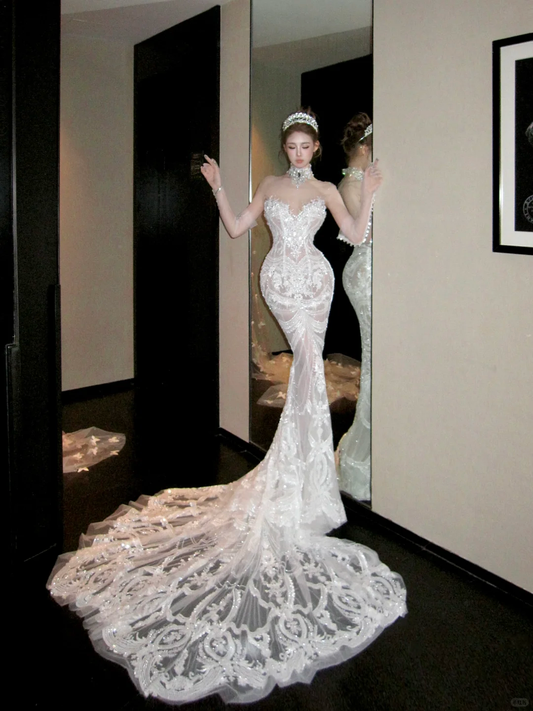 Elegant Glittering Beaded Sequined Applique Sweetheart Design Mermaid Wedding Dress Prom Dress Evening Dress DP6252