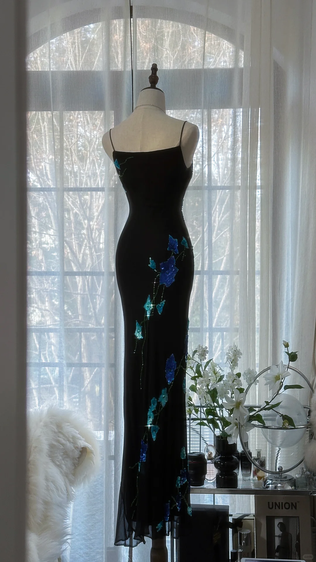Retro Black Floral Spaghetti Strap Design Romantic Chiffon Evening Dress Prom Dress DP6023