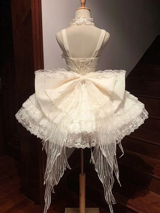 Vintage Beige 3D Flower Bow Design Lace Tulle Tiered Homecoming Dress, DP5952