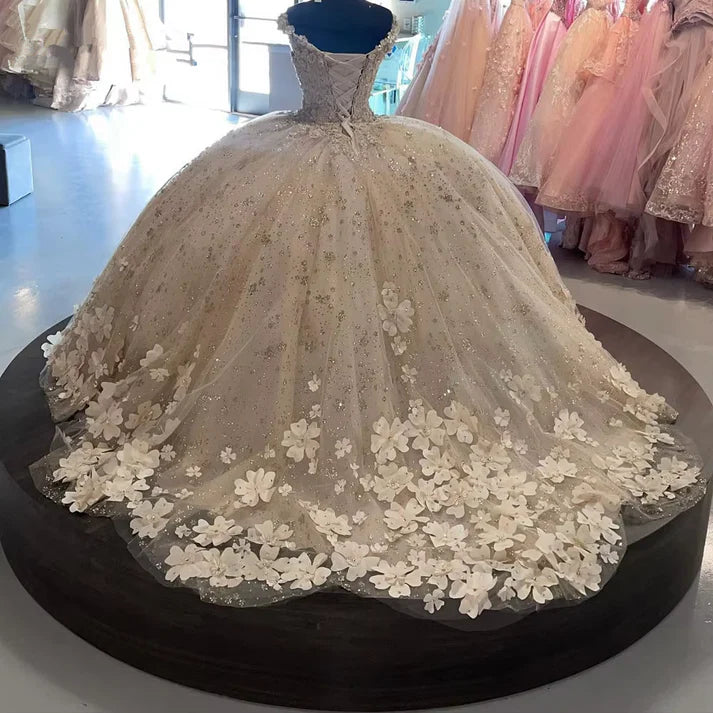 Elegantes Elfenbein V-Ausschnitt Applikation A-Linie Ballkleid für Sweet 16 Quinceanera Geburtstagskleid Abendkleid Ballkleid DP6519