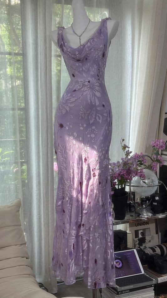 Vintage Light Purple Floral Applique Mermaid Cowl Neck Design Satin Prom Dress Evening Dress DP6236