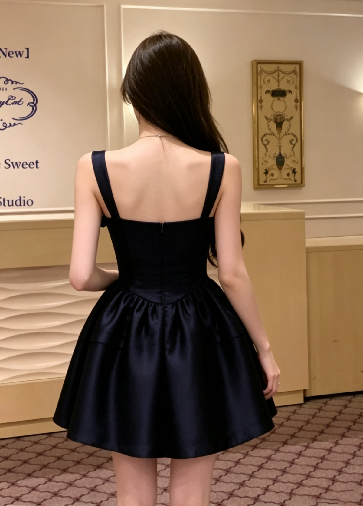 Elegant Navy Blue Satin Contrast Trim Spaghetti Strap A‑Line Homecoming Dress DP8845