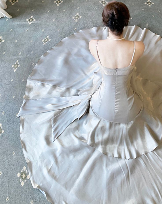 Silbergraues Vintage-Etuikleid mit langen Trägern, Abendkleid, Partykleid, DP3834