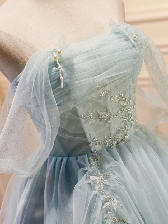Vintage Light Blue Beaded Off-the-shoulder Design A-line Tulle Party Dress Homecoming Dress DP6072