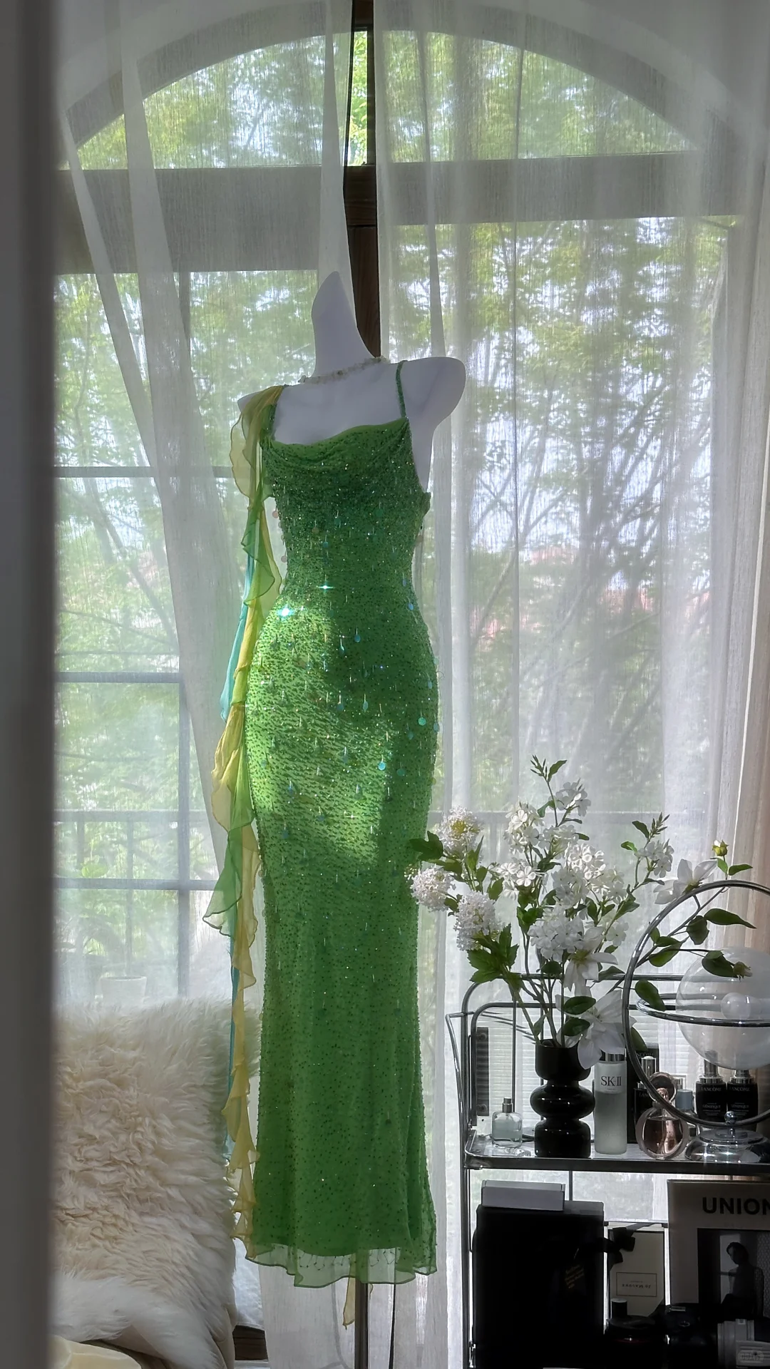 Vintage Shiny Sequin Green Spaghetti Strap Design A-line Romantic Chiffon Evening Dress Prom Dress DP6026