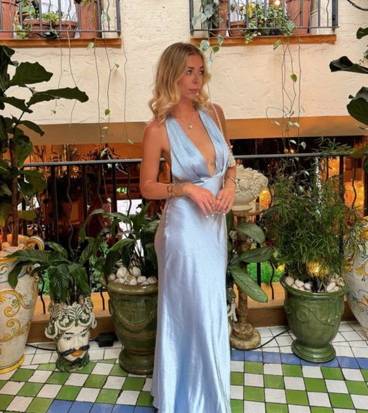 Vintage Light Blue Halter Neck Satin Sheath Prom Dress DP7575