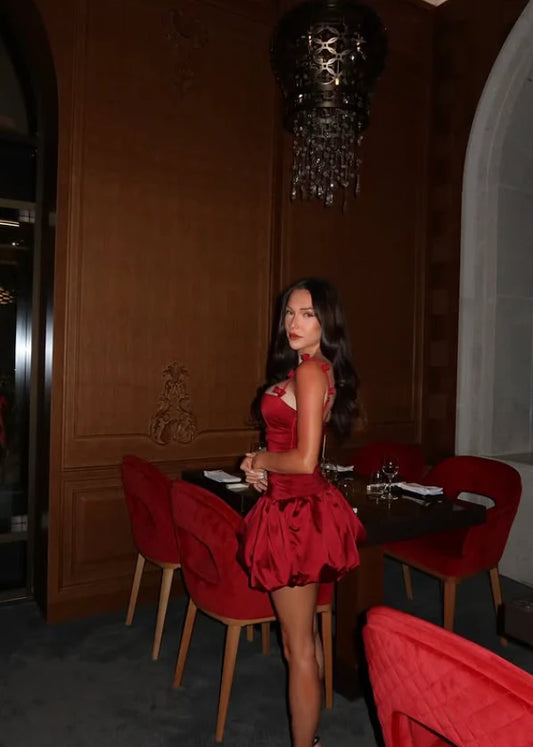 Vintage Burgunder Satin Spaghettiträger Kurzes A-Linie Partykleid Cocktailkleid Homecoming Kleid DP6489