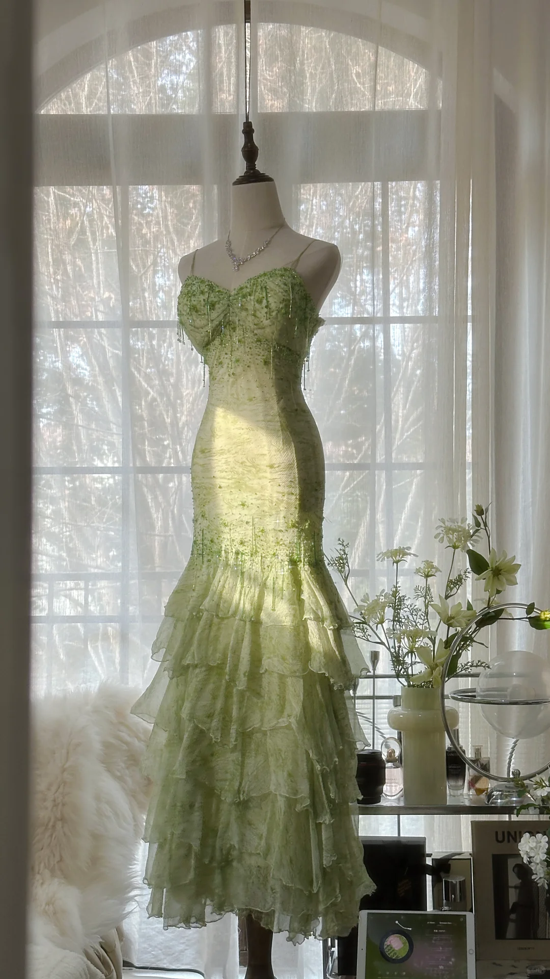 Elegant Green Fairy Mermaid Long Chiffon Spaghetti Strap Ball Gown Evening Dress Prom Dresses Dresses DP6001
