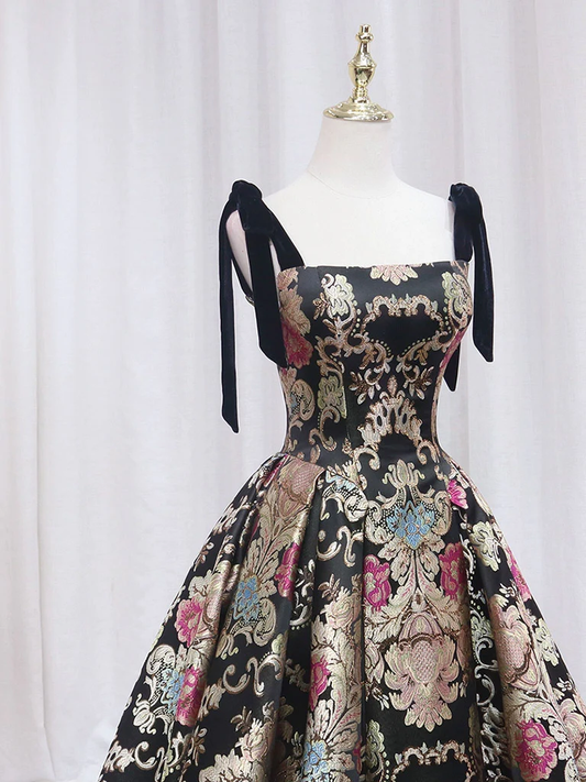 Vintage Floral Applique Spaghetti Strap Design A-line Satin Party Dress Homecoming Dress DP6061