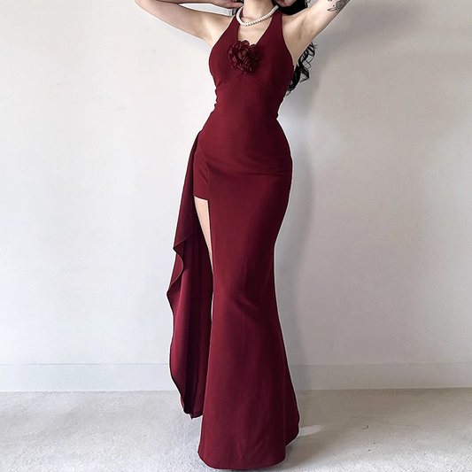 Retro Burgundy/Black Halter-neck 3D Flower Sheath High Slit Long Summer Dresses Prom Dress Evening Dress DP6397