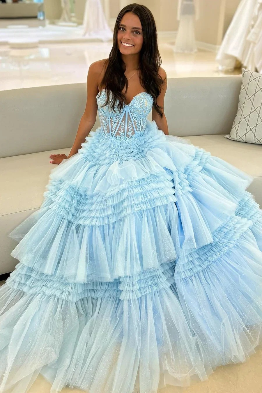 Green A-Line Sweetheart Tulle Tiered Long Prom Dress with Appliques, DP1374