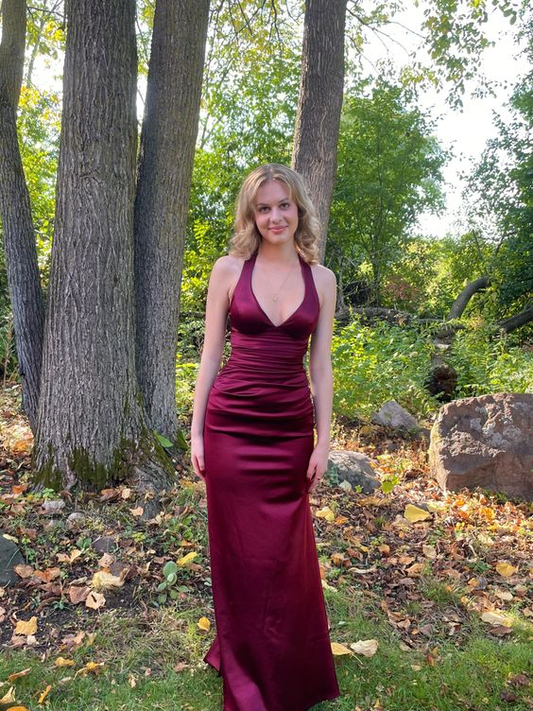 Robe de soirée longue bordeaux en satin à col en V et dos nu, DP3785
