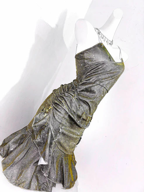 Robe de soirée vintage verte à bretelles spaghetti et ourlet à volants pour 16e anniversaire DP6041