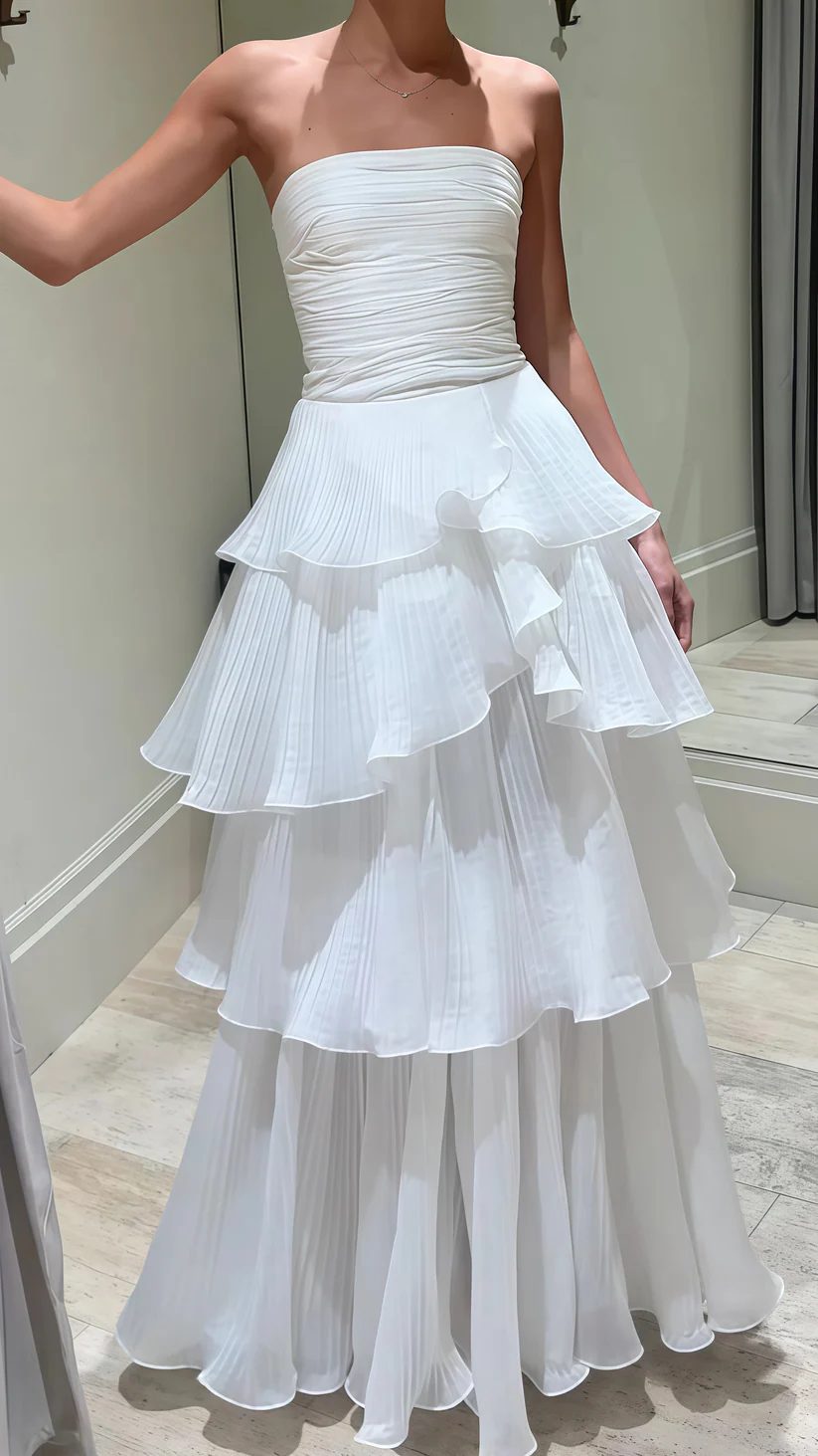 Elegant White Strapless Pleated A-Line Chiffon Long Party Dress, DP2257