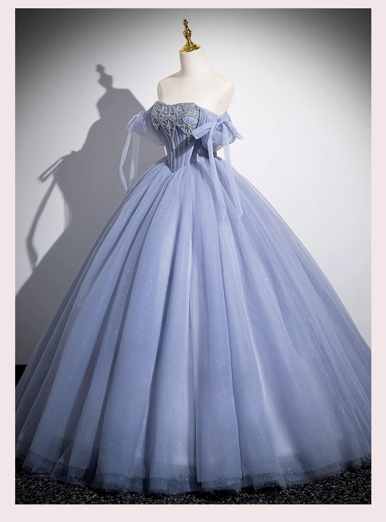 Vintage Dusty Blue Tulle Sweet 16 Quinceanera Beaded Evening Dress A-Line Floor Length Ball Gown DP6915