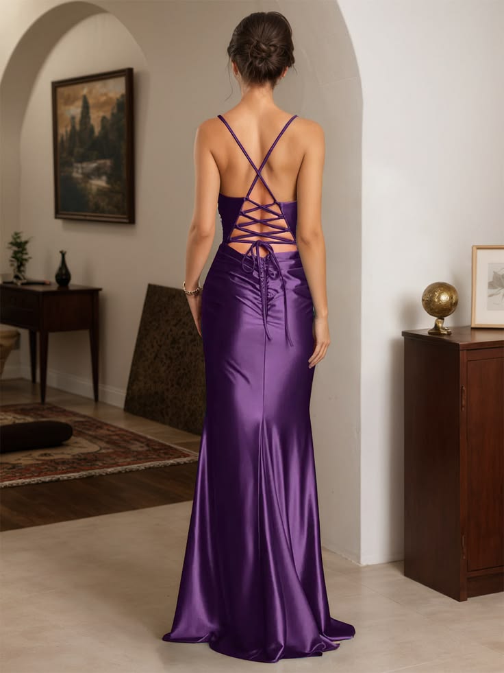 Elegant Purple Satin Spaghetti Strap Mermaid Formal Evening Gown DP8469