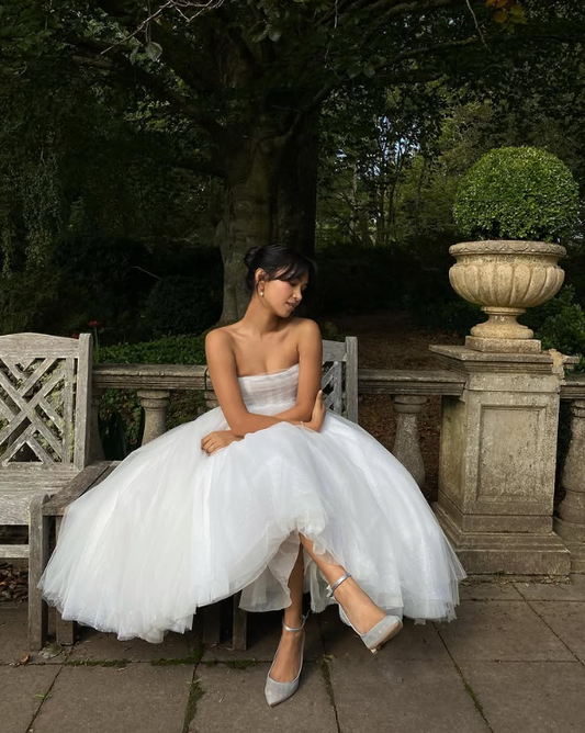 Robe de soirée blanche bustier en tulle, coupe trapèze, pour anniversaire, DP1801