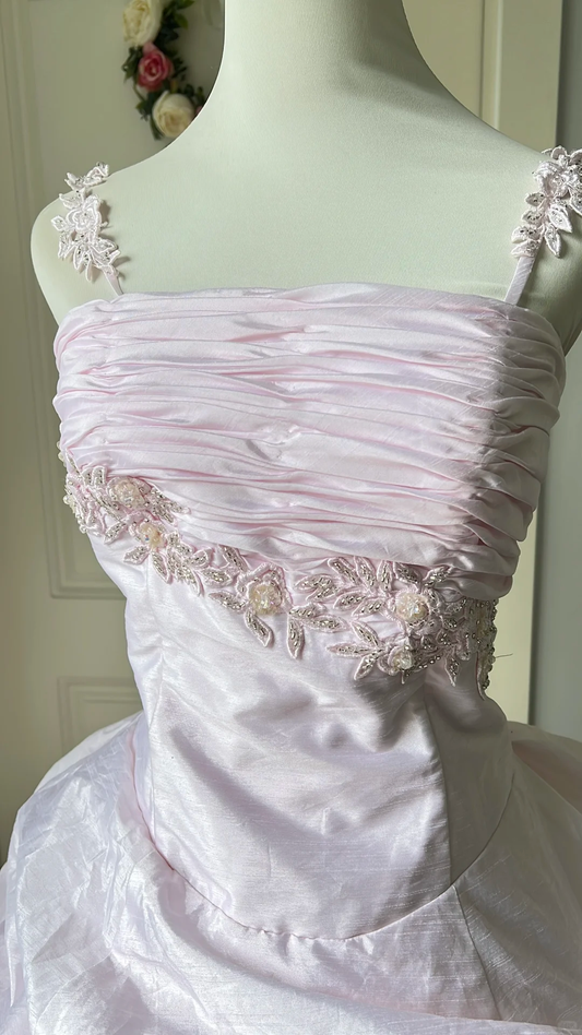 Chic Light Pink Ruffled Tulle Embroidered Spaghetti Strap Sweet 16 Quinceanera Ball Gown DP7365