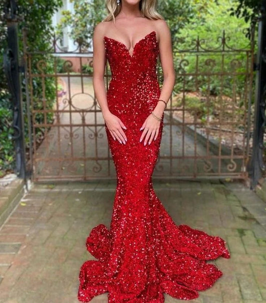 Stunning Red Sequin Mermaid Prom Dress Sweetheart Evening Gown DP8033