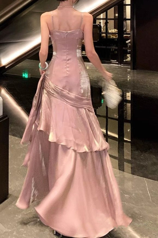 Glamorous Dusty Pink Spaghetti Strap Satin Ruched Tiered Ruffle Formal Evening Gown DP8202