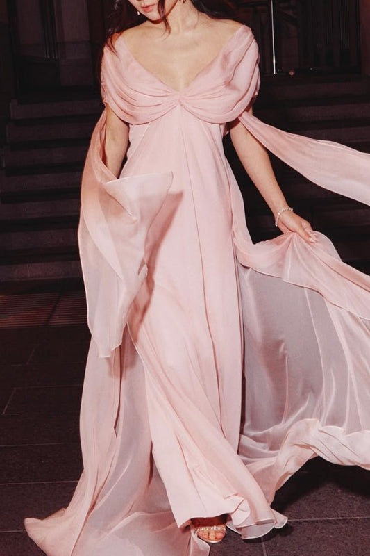 Elegant Pink Chiffon Off-the-Shoulder Prom Gown Evening Dress DP8060